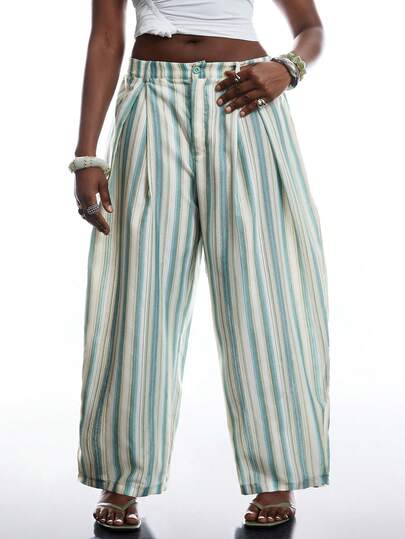 LYSMO Colorful Striped Comfortable Cotton Blend Curved Hem Casual Vacation Wide Leg Pants, Plus Size