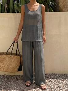 Livesso Summer Hollow Textured Sleeveless Tank Top Loose Straight Leg Pants Set, Grey, Casual, Vacation, Holiday, Elegant Business Office Outfit, Beach Wear - Dark Grey - View 5