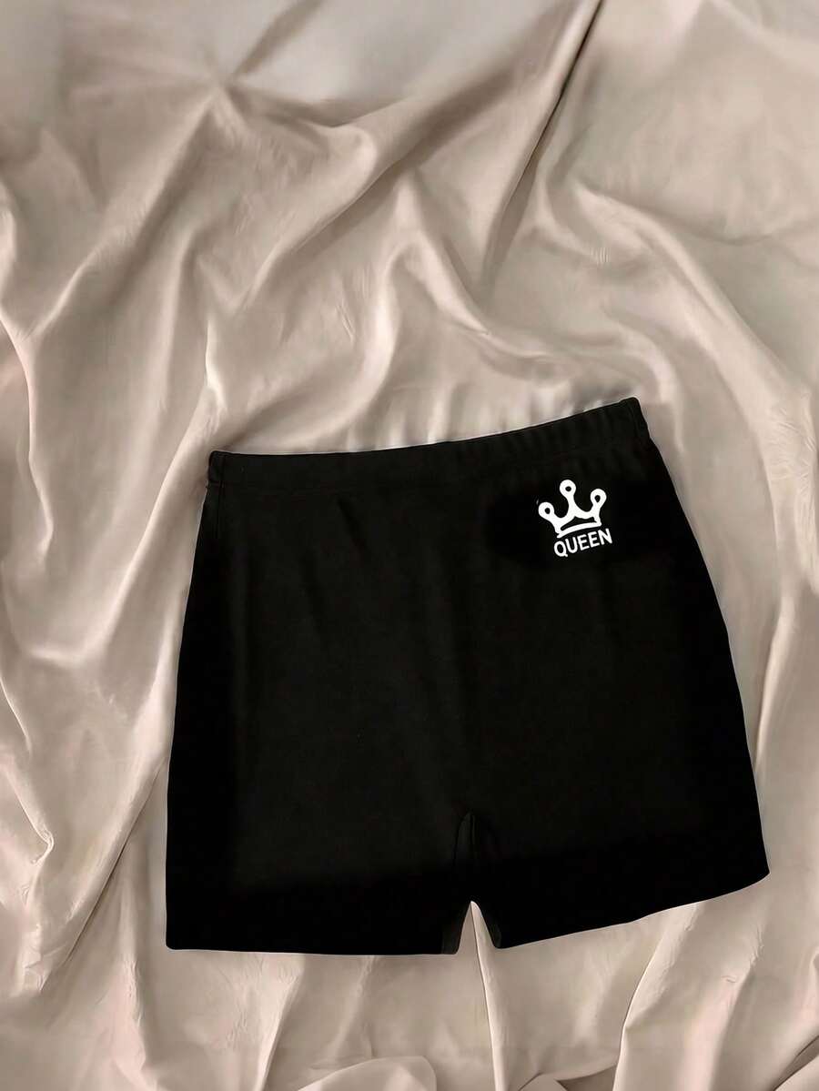SHEIN Franclia Women's High Waist Slimming & Lifting Thin Shorts Shorts Pack 2 Pieces Set Shorts Black And White Shorts Gym Shorts Queen Shorts Women's Shorts Casual Shorts Gray Shorts Shorts With Crown Print Shorts With Queen Print - Black - View 1