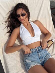 Bonvoyette Backless Crop Halter Top - White - View 4