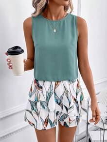 SHEIN Clasi Conjunto de top sin mangas y shorts con volantes estampados - Azul Cadete - Ver 4
