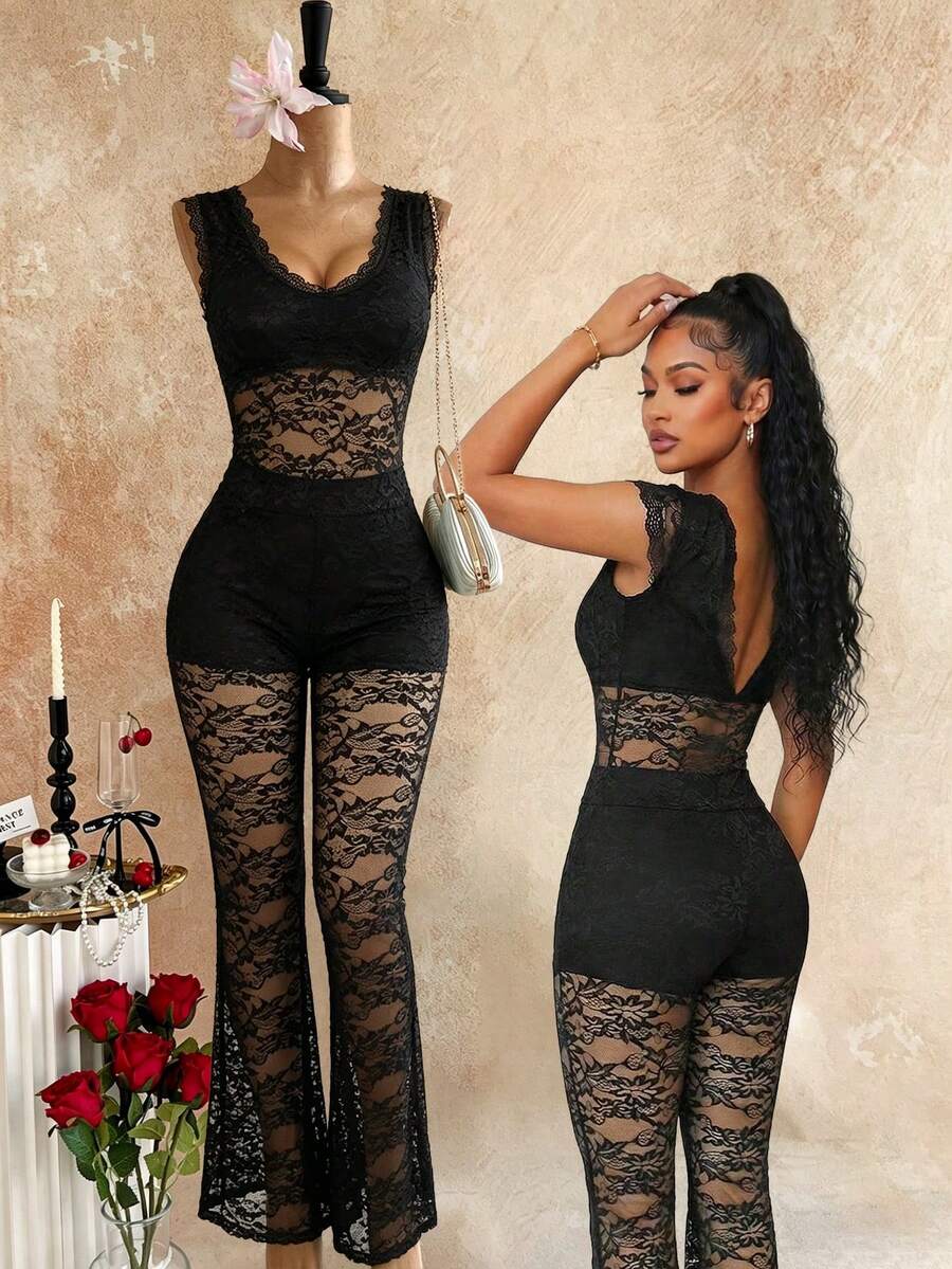 Women's Regular Lace 2 Pieces Set, Deep V-Neck Camisole Top, Lace Pants, Semi-Sheer Sexy Lace 2 Pieces Outfit - Black - View 1