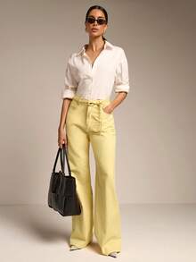 COSMINA Denim Quần jeans nữ ống đứng cạp cao màu vàng nhạt thanh lịch, đa năng, phù hợp cho hẹn hò, đi làm, công sở, và mặc thường ngày trong kỳ nghỉ xuân. - Vàng nhạt - Xem 2