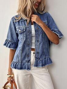 EMERY ROSE Plus Size Women Casual Single-Breasted Frayed Hem Denim Jacket, Versatile For Daily Wear - Blue - View 5