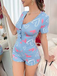 SweetSlumber Bộ đồ ngủ liền thân họa tiết trái tim dành cho nữ - Màu xanh lam - Xem 5
