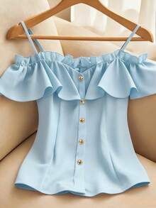 Resyla Plus Size Women Solid Color Pleated Casual Versatile Daily Wear Shirt - Blue - View 1