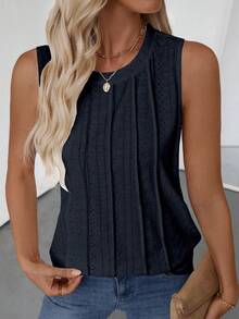 EMERY ROSE Áo tank top nữ cổ tròn không tay, chất liệu vải dệt họa tiết, thích hợp mặc mùa xuân/hè. - Màu xanh lam - Xem 6