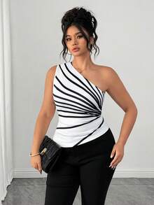 Elenzga 大码女式时尚优雅不对称肩无袖条纹印花衬衫 - 黑與白 - 查看 3