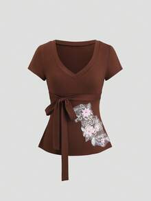 Sweetra Áo crop top ngắn tay cổ chữ V kiểu Pháp cổ điển, chất liệu lưới thêu họa tiết, thắt eo, gợi cảm dành cho nữ, thích hợp mặc mùa hè. - Cà phê nâu - Xem 1