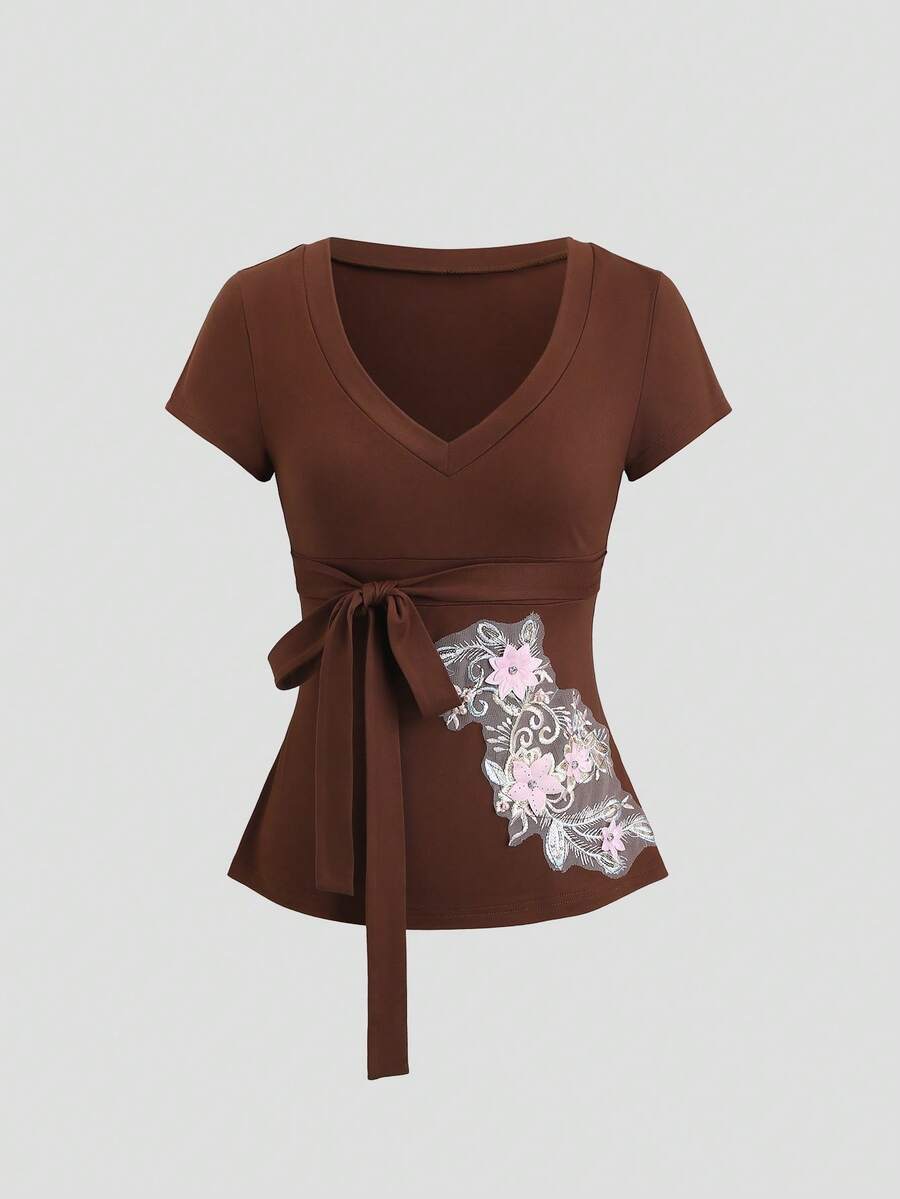 Sweetra Áo crop top ngắn tay cổ chữ V kiểu Pháp cổ điển, chất liệu lưới thêu họa tiết, thắt eo, gợi cảm dành cho nữ, thích hợp mặc mùa hè. - Cà phê nâu - Xem 1