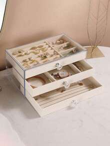 1 pieza Organizador de joyería de gran capacidad con forro de terciopelo y cajones, caja de exhibición apilable de acrílico con múltiples compartimentos para tocador y mesa de vestir - Multicolor - Ver 9