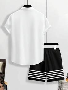 Manfinity Homme 男士黑白條紋騎士印花襯衫短褲套裝，休閒夏季度假海灘夏威夷風 2 件套穿搭短套裝，適合送禮 - 彩色 - 查看 2