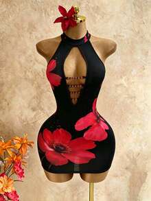 Mistrie Vestido mini ajustado con cuello halter y diseño floral calado en rojo, vestido de verano sexy para vacaciones - Negro - Ver 3