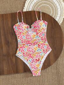 Swim Lushoire Áo tắm liền thân cổ chữ U kẻ sọc mới dành cho nữ - Hồng - Xem 6