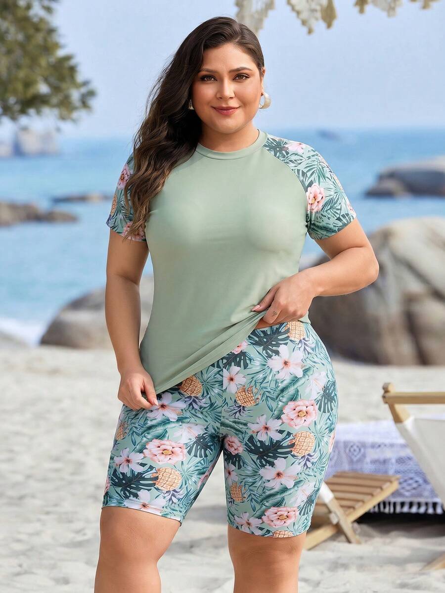 Swim Lushoire Women's Summer Vacation Beach Tropical Plant Print Tankini Set - Multicolor - View 1