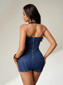 SHEIN FlexDen Bộ áo liền quần denim cổ yếm ôm sát thời trang dành cho nữ - Rửa tối - Xem 2