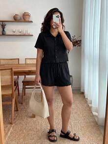 Enliva Plus Size Summer Two Pieces Set, Summer Sets Two Pieces Set Shorts, Back To School Clothes Clothes Concert Plus Size Women Outfit Y2k Set, Lounge Sets Women Vacation Two Pieces Set - Black - View 4