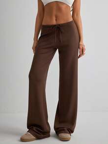 Women's Casual Black Wide Leg Fabric Pants With Drawstring Detail Long Medium Stretch - Brown - View 1