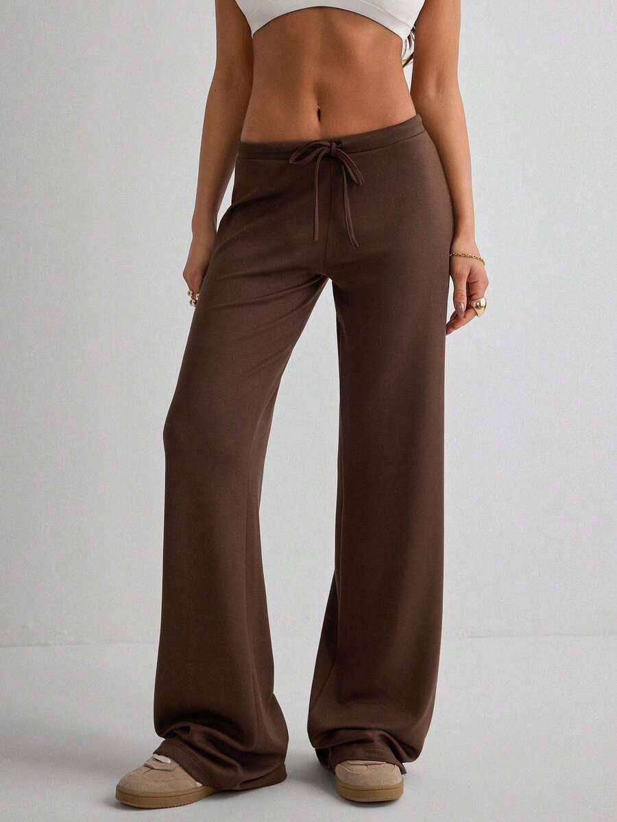 Women's Casual Black Wide Leg Fabric Pants With Drawstring Detail Long Medium Stretch - Brown - View 1