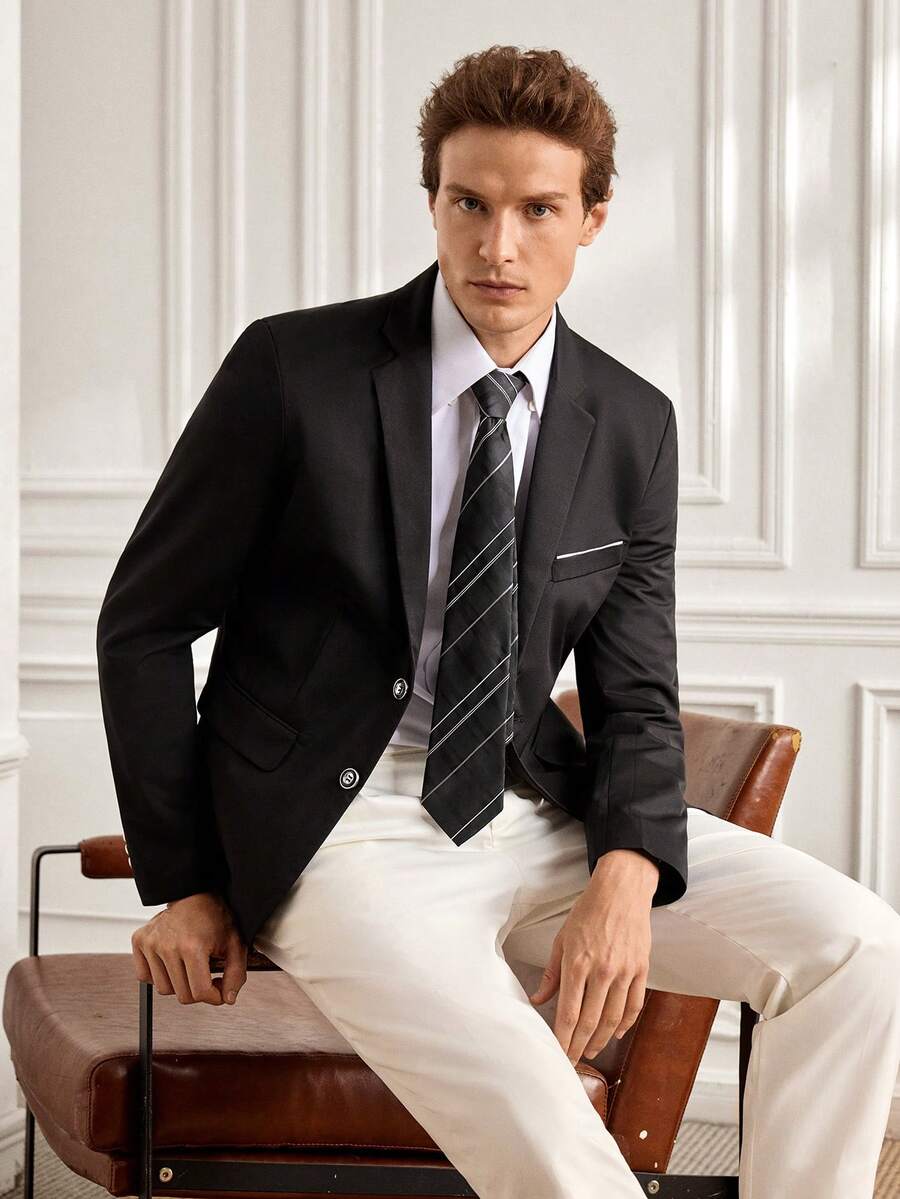 Officeau 1pc Men's Solid Color Fashionable Slim Fit Casual Blazer Jacket, Suitable For Business And Leisure Occasions - Black - View 1