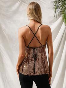 Aveloria Modichic Áo hai dây mùa hè dự tiệc dành cho nữ, cổ chữ V đính sequin, viền bèo nhún, dây mảnh. - Rượu sâm banh - Xem 2
