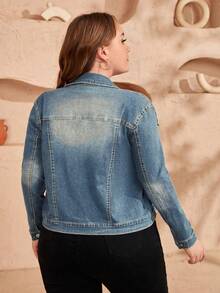 Plus Size Women's Casual Daily Commute Versatile Flap Pocket Denim Jacket, Spring/Autumn - Blue - View 2