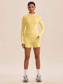 High Neck Long Sleeves Skinny Women Sports Sets - Yellow - View 4