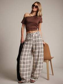 SHEIN Haute New Arrival Retro Plaid Loose Casual Pants For Women - Apricot - View 1