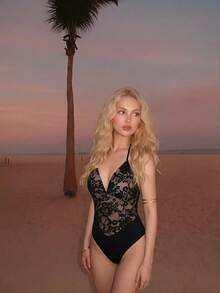 SHEIN MOD Women's Sexy Contrast Lace Halter Backless One-Piece Swimsuit, Summer Vacation - Black - View 1