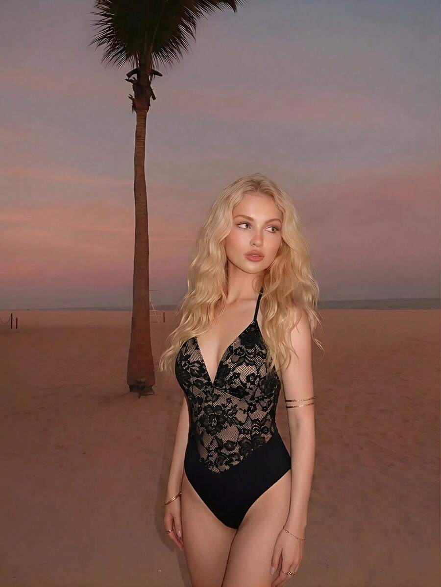 SHEIN MOD Women's Sexy Contrast Lace Halter Backless One-Piece Swimsuit, Summer Vacation - Black - View 1