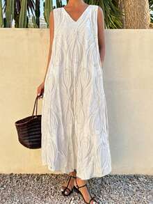 Livesso Damen V-Ausschnitt Casual Loose Straight Spitze Organza Strandkleid, elegant für Urlaub, Pendeln, Frühlings- und Sommerkleider für Frauen - Weiss - Übersicht 5
