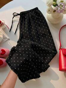 SHEIN EZwear 女士100%纯棉休闲度假风波点印花抽绳腰宽松阔腿裤 - 黑色 - 查看 3