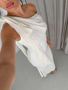 Glamine 女士性感度假、派对和约会长款单肩鱼尾荷叶边连衣裙 - 杏色 - 查看 4