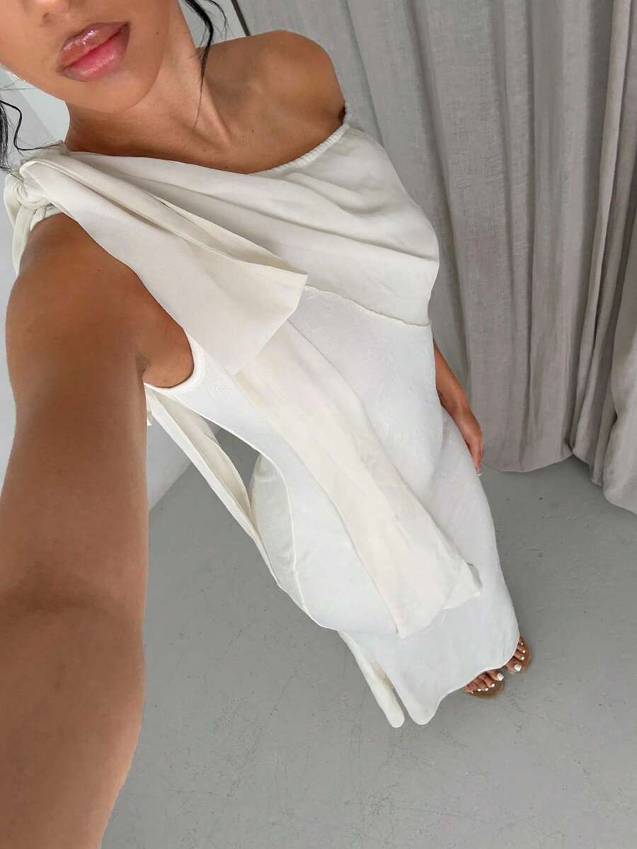 Glamine Vestido largo de una sola manga con volantes y cola de pez, sexy para vacaciones, fiestas y citas - Albaricoque - Ver 1