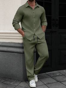 Manfinity Homme Men's Casual Textured Button-Front Long Sleeve Shirt And Pants Set - Army Green - View 5