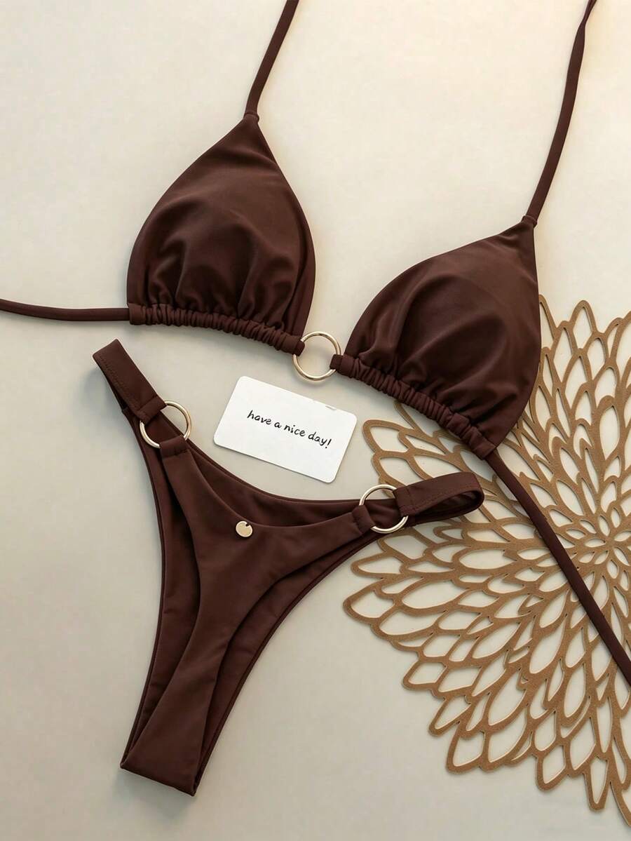 Swim Vcay Burgundy Metal Ring Halter Crop Top & Bottoms 2 Pieces Swimwear, Suitable For Beach Vacation In Spring/Summer - Coffee Brown - View 1