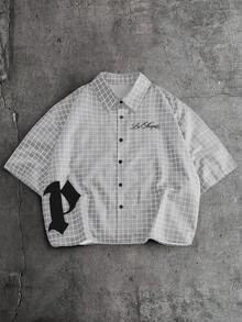 AXEPEAK Men's Loose Fit Letter & Plaid Print Short Sleeve Woven Shirt - Light Grey - View 4
