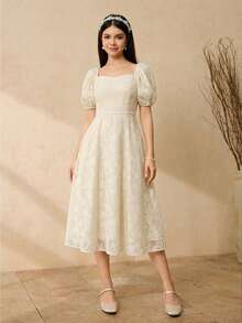 SHEIN Đầm tay phồng thanh lịch dành cho bé gái, thích hợp cho mùa xuân/hè, mùa tốt nghiệp, đám cưới, các dịp thường nhật và tiệc tùng. - Màu be - Xem 5