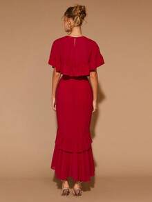 COSMINA Vestido largo de cuello redondo con volantes elegante para mujer, adecuado para citas, fiestas y todas las estaciones - Fiery Red - Ver 2