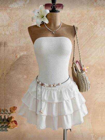 Roelina 女士休闲时尚罗纹拼接荷叶边下摆抹胸连衣裙