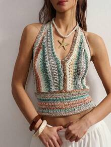 Bohemela Áo hai dây dệt kim cổ yếm kẻ sọc thời trang gợi cảm dành cho nữ, thích hợp cho mùa xuân/hè. - Nhiều màu - Xem 6