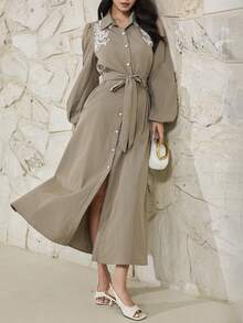 Heiryn Women's Elegant Commuter Floral Embroidered Front Button Long Dress - Grey - View 3