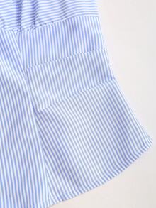 SHEIN PETITE 女士时尚百搭条纹单排扣通勤衬衫 - 藍色 - 查看 7