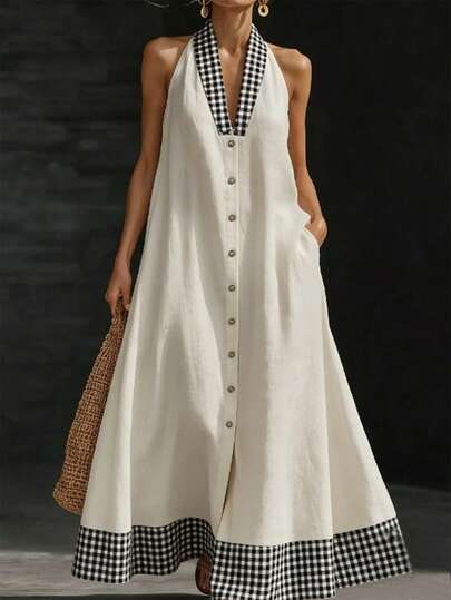 Balvessa Women's Shirt Collar Dress In Black And Gray Checkered Pattern, Vacation Outfit Summer Outfit For Women Beach Outfit For Women Holiday Outfits Summer Summer Holiday Outfits