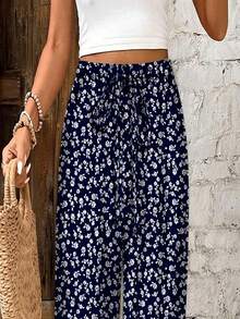 SHEIN Frenchy Women's Ditsy Floral Elastic Waist Casual Pants - Navy Blue - View 4