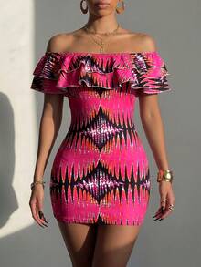 Elenzga Women's Elegant Fitted Off-Shoulder Ruffle Hem Print Bodycon Mini Dress, Summer - Multicolor - View 7