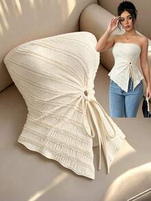 Women's European And American Strapless Sleeveless Textured Fabric Party Gathering Ruched Asymmetric Elegant Knit Stretchy Top - Apricot - View 4