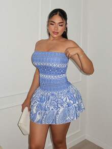 Maria Perezxox 度假休闲印花抹胸连衣裙 - 藍白色 - 查看 5