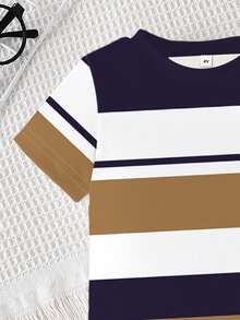 Souflis Souflis 2pcs/Set Young Boy Casual Striped & Logo Print Short Sleeve T-Shirt Top Paired With Solid Color Pants, Suitable For Outdoor Wear In Summer - Multicolor - View 5