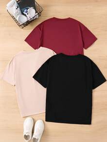SHEIN Set de 3 camisetas de manga corta y cuello redondo con estampado de astronauta de estilo minimalista y casual, en color caqui, negro y rojo, adecuadas para adolescentes varones en verano - Multicolor - Ver 2